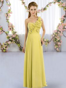 Yellow Green Empire Chiffon One Shoulder Sleeveless Hand Made Flower Floor Length Lace Up Dama Dress for Quinceanera