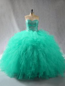 Floor Length Lace Up Quinceanera Dress Turquoise for Sweet 16 and Quinceanera with Beading and Ruffles