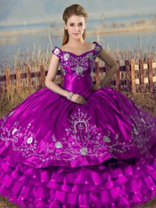 Purple Lace Up Quinceanera Dresses Embroidery and Ruffled Layers Sleeveless Floor Length