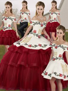 Cute Wine Red Lace Up Off The Shoulder Embroidery and Ruffled Layers Quinceanera Gowns Tulle Sleeveless Brush Train