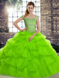 Modest Tulle Off The Shoulder Sleeveless Brush Train Lace Up Beading and Pick Ups Ball Gown Prom Dress in