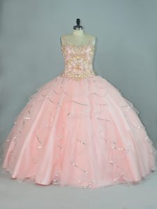 Peach Tulle Lace Up Straps Sleeveless Floor Length Quinceanera Gowns Beading and Ruffles