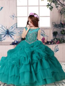 Teal Zipper Child Pageant Dress Beading and Pick Ups Sleeveless Floor Length