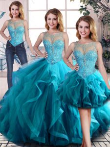 Aqua Blue Sleeveless Tulle Lace Up Vestidos de Quinceanera for Sweet 16 and Quinceanera