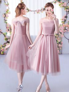 Pink Sleeveless Belt Tea Length Wedding Party Dress