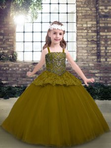 Superior Floor Length Ball Gowns Sleeveless Olive Green Little Girl Pageant Gowns Lace Up