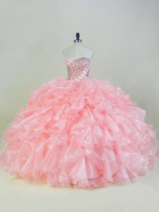 Peach Lace Up Sweetheart Beading and Ruffles 15th Birthday Dress Organza Sleeveless