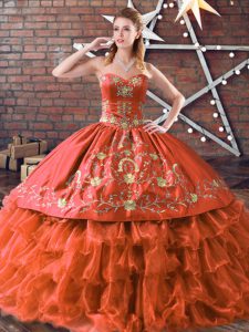 Most Popular Rust Red Sleeveless Embroidery and Ruffled Layers Floor Length Quinceanera Dress