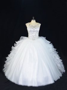 Vintage Ball Gowns Quinceanera Gown White Scoop Organza Sleeveless Floor Length Lace Up