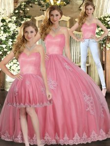 Watermelon Red Tulle Lace Up Quinceanera Dress Sleeveless Floor Length Appliques