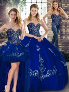 Sleeveless Tulle Floor Length Lace Up Ball Gown Prom Dress in Royal Blue with Beading and Embroidery