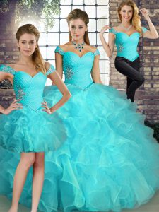 Aqua Blue Off The Shoulder Lace Up Beading and Ruffles 15 Quinceanera Dress Sleeveless