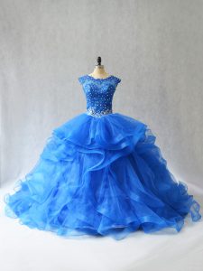 Royal Blue Sleeveless Tulle Brush Train Lace Up Quinceanera Dresses for Sweet 16 and Quinceanera