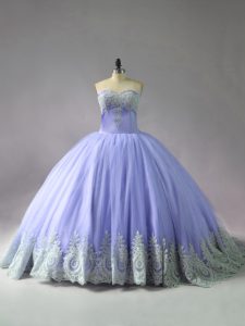 Lavender Tulle Lace Up Sweetheart Sleeveless Quinceanera Gown Court Train Appliques