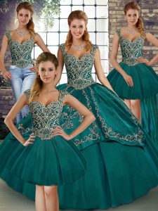 Teal Tulle Lace Up 15 Quinceanera Dress Sleeveless Floor Length Beading and Embroidery