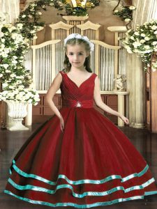 V-neck Sleeveless Little Girls Pageant Gowns Floor Length Beading and Ruching Wine Red Organza