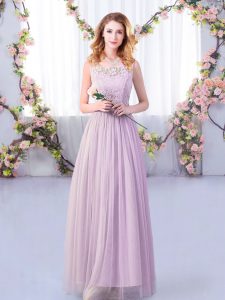 Lavender Tulle Side Zipper Scoop Sleeveless Floor Length Dama Dress Lace and Belt