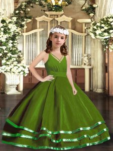 Custom Made Green Zipper Child Pageant Dress Ruffled Layers Sleeveless Floor Length