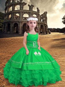 Beautiful Green Satin and Organza Zipper Girls Pageant Dresses Sleeveless Floor Length Embroidery and Ruffled Layers
