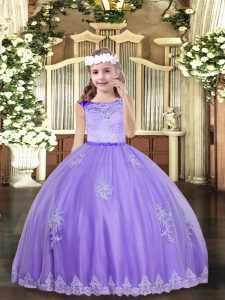 Lace and Appliques Little Girls Pageant Dress Lavender Zipper Sleeveless Floor Length
