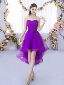 Trendy Lace Vestidos de Damas Eggplant Purple Lace Up Sleeveless High Low
