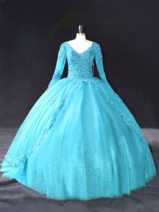 Chic Aqua Blue Ball Gowns V-neck Long Sleeves Tulle Floor Length Lace Up Lace and Appliques 15 Quinceanera Dress
