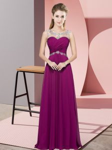 Excellent Sleeveless Chiffon Floor Length Backless Prom Gown in Fuchsia with Beading