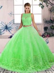 Top Selling Green Two Pieces Lace Quince Ball Gowns Backless Tulle Sleeveless