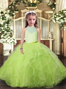 Sleeveless Tulle Floor Length Backless Child Pageant Dress in Yellow Green with Ruffles