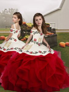 Hot Sale Straps Sleeveless Lace Up Pageant Gowns For Girls Red Organza
