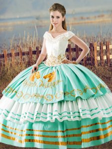 Beauteous Aqua Blue Lace Up V-neck Beading and Ruffled Layers Quinceanera Gown Satin Sleeveless