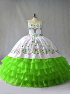 New Style Sweetheart Neckline Embroidery and Ruffled Layers Quince Ball Gowns Sleeveless Lace Up