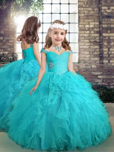 Aqua Blue Ball Gowns Tulle Straps Sleeveless Beading and Ruffles Floor Length Lace Up Little Girl Pageant Dress