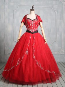 Noble Floor Length Red 15th Birthday Dress Tulle Sleeveless Embroidery