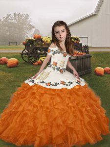 Embroidery and Ruffles Pageant Dress Wholesale Orange Lace Up Sleeveless Floor Length