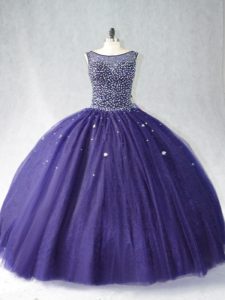 Purple Ball Gowns Beading Quinceanera Dress Zipper Tulle Sleeveless Floor Length