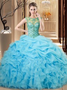Eye-catching Baby Blue Scoop Lace Up Beading and Ruffles Quinceanera Dresses Sleeveless