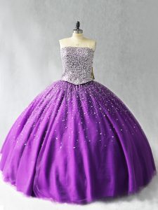 Flare Purple Organza Lace Up Strapless Sleeveless Floor Length Quinceanera Dresses Beading