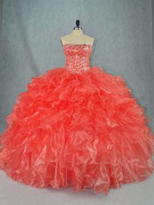 Affordable Red Quinceanera Dresses Sweet 16 and Quinceanera with Beading and Ruffles Strapless Sleeveless Lace Up