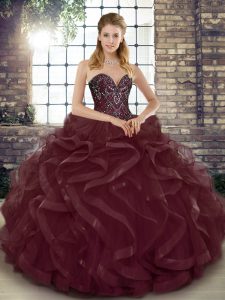 Vintage Burgundy Sleeveless Floor Length Beading and Ruffles Lace Up Quinceanera Gowns