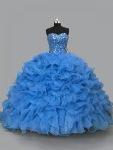 Sleeveless Organza Floor Length Lace Up 15 Quinceanera Dress in Blue with Beading and Ruffles