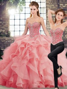 Perfect Watermelon Red Sweetheart Lace Up Beading and Ruffles Vestidos de Quinceanera Brush Train Sleeveless