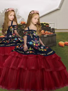 Red Ball Gowns Embroidery and Ruffled Layers Little Girls Pageant Dress Wholesale Lace Up Tulle Sleeveless Floor Length