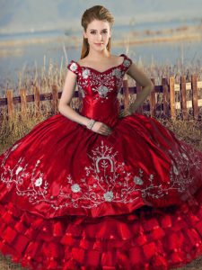 High Class Red Lace Up Off The Shoulder Embroidery and Ruffled Layers Sweet 16 Dress Satin Sleeveless