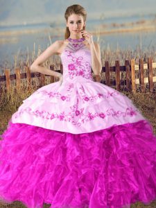 Fashionable Fuchsia Organza Lace Up Halter Top Sleeveless Quinceanera Dress Court Train Embroidery and Ruffles