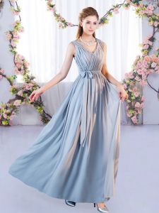 New Arrival Grey Empire Chiffon V-neck Sleeveless Belt Floor Length Lace Up Quinceanera Dama Dress