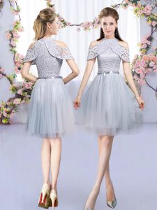 Comfortable Tulle High-neck Sleeveless Zipper Lace and Belt Court Dresses for Sweet 16 in Grey