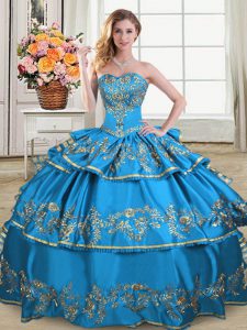 Elegant Sleeveless Floor Length Embroidery and Ruffled Layers Lace Up Quinceanera Dress with Blue