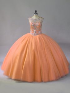Orange Sleeveless Floor Length Beading Lace Up Ball Gown Prom Dress