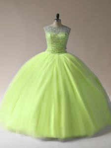 Popular Yellow Green Tulle Lace Up Scoop Sleeveless Floor Length Sweet 16 Quinceanera Dress Beading
